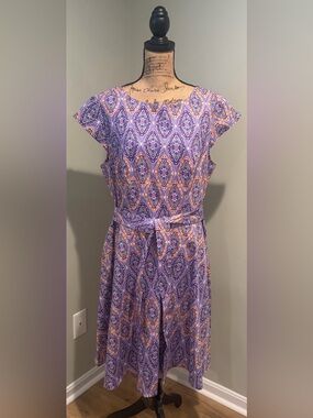 PUKAVT Retro Purple Geometric‎ A-Line Midi Dress with Waist Tie - Sz 2XL